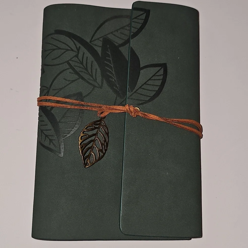 Green Leaf Embossed Faux Suede Leather Journal with Leaf Charm Emerald Green